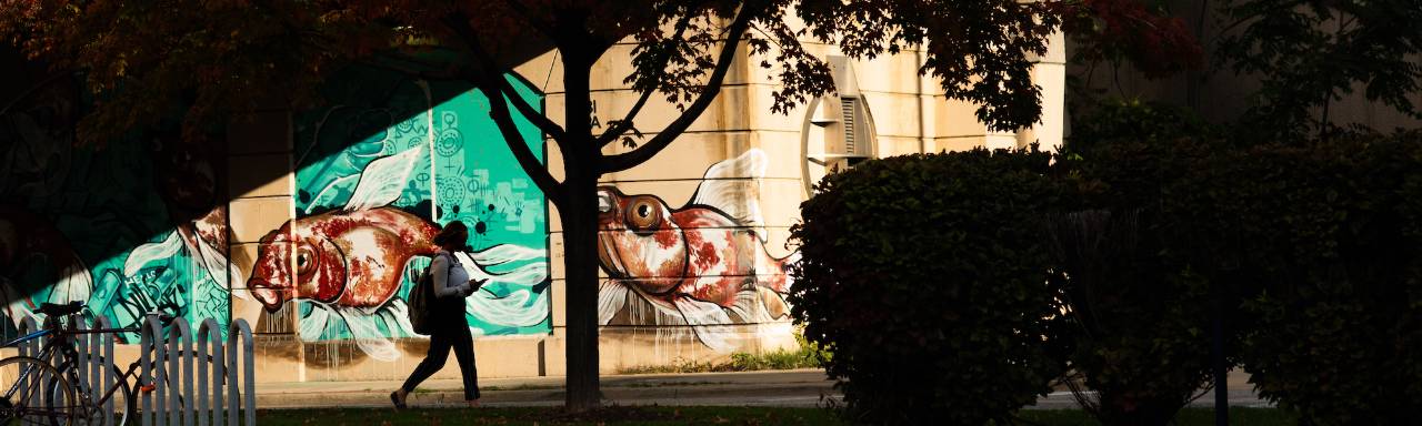 Student walking on Pew Campus